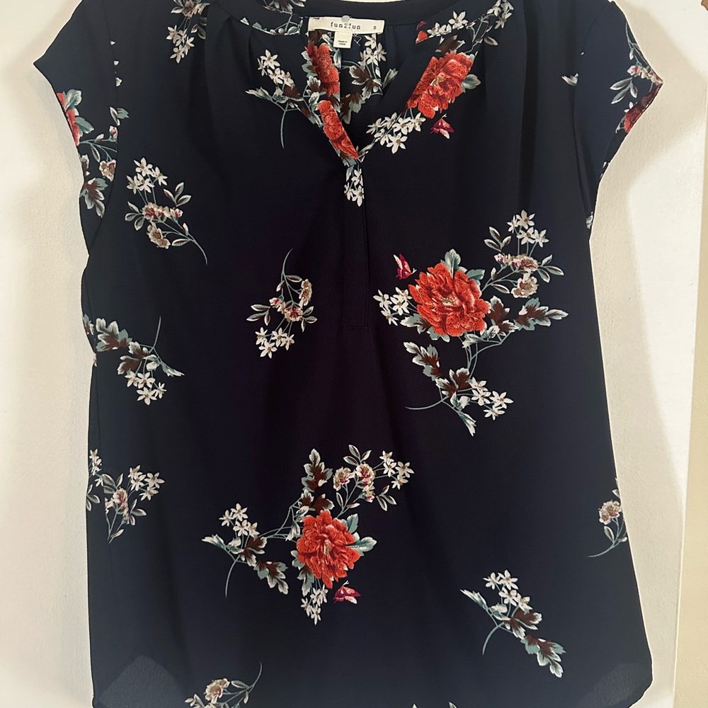 Fun 2 Fun Navy Blue Floral Blouse